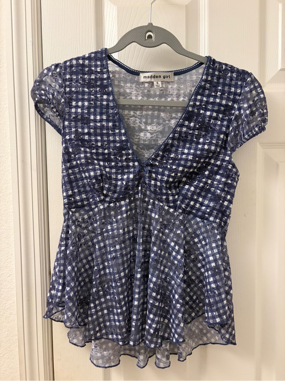 Madden Girl Navy and White Printed V-Neck Peplum Blouse